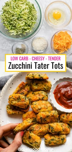 low carb cheesy tender zucchini tater tots on a white plate