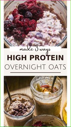 high protein overnight oatmeal recipe with raspberries, bananas and other ingredients