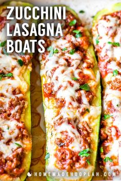 stuffed zucchini boats with meat and cheese in a casserole dish