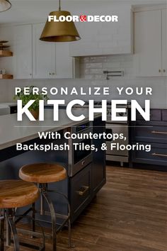 the kitchen with counter tops, backsplash tiles and flooring is featured in this ad