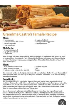 the recipe for grandma castro's tamale recipe is shown in this page, which includes