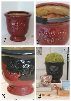 four pictures showing different types of flower pots and vases with designs on the sides