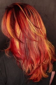 Neon Color Hair Ideas, Orange Hair Updo, Red Hair Yellow Highlights, Fiery Hair Color, Multiple Red Hair Color, Auburn And Red Hair, Red Hair With Orange Tips, Red Hair With Yellow Highlights, Colorful Fall Hair Colors