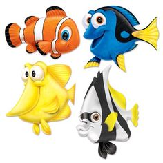 an assortment of cartoon fish on a white background