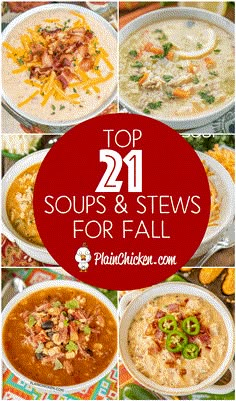 the top 21 soups and stews for fall is shown in four different pictures