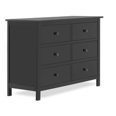 a black dresser with six drawers and two doors on the bottom drawer, in front of a white background