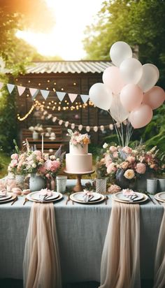 a table topped with lots of pink and white balloons next to a cake on top of a plate