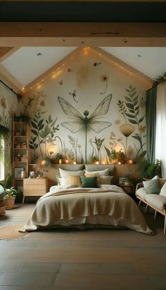 a bedroom decorated in green and white with flowers on the wall