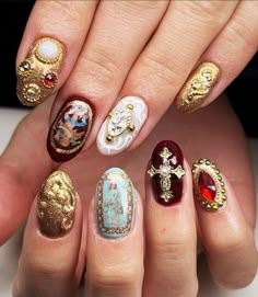 Crucifix Nail Art, Rosary Nail Art, Catholic Nails Designs, Victorian Nail Art, Barro Nails Mexican, Jewish Nails, Astronomy Nails