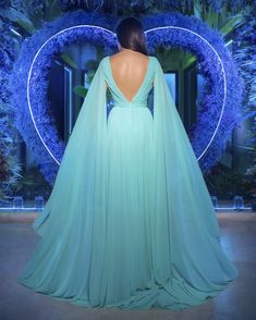 Ziad Germanos ZGRTW29 Chiffon Fabric. Fall 2024 evening collection gown. Moth Repellent, Couture Evening Dress, Plastic Dress, Chiffon Fashion, Dress Cover, Fall 2024, Chiffon Fabric, Dress Backs, Aqua Blue