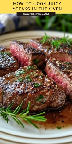 steaks on a white plate with herbs and seasoning in the foreground text overlay reads how to cook juicy steaks in the oven