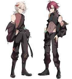 two anime characters standing side by side, one in black and the other in red