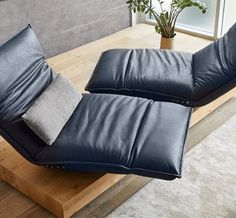 two black leather recliners sitting on top of a wooden table next to a potted plant