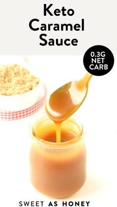 keto caramel sauce in a jar with a spoon