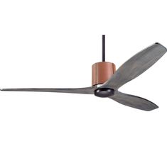 a ceiling fan with two wooden blades and a light brown shade on the top of it