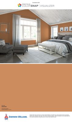 an orange and gray bedroom is featured in this magazine