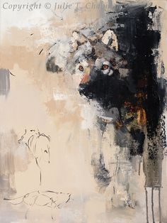 an abstract painting with black and white colors on the bottom half of it, depicting a cow's head