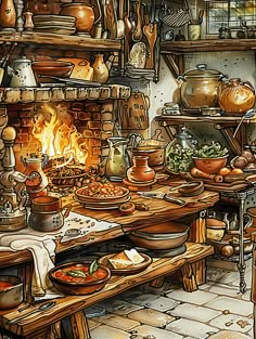 a painting of a kitchen filled with pots and pans next to a fire place