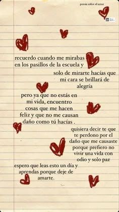 a piece of lined paper with red hearts on it and the words written in spanish