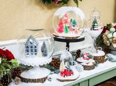 a table topped with snow globes filled with christmas decorations