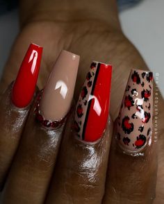 Red Leopard Nail Designs, Red Nails Leopard Print, Easter Nail Ideas Acrylic, Red Animal Print Nails, Red Leopard Nails, Red And Leopard Print Nails, Spring Leopard Nails, Red Leopard Print Nails, Red And Yellow Nails