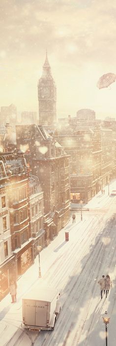 an aerial view of a snowy city with tall buildings and people walking in the snow