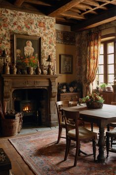 an old fashioned dining room with a fireplace