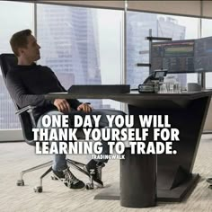 a man sitting at a desk in front of a computer monitor with the words trading is 10 % buying 30 % selling 80 % waiting