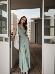 Olivia Mark - Jiuwu Sleeveless Wrap-style Dress with Intricate Overlapping Collar - Exuding Elegance and Tranquility Terry Cloth Dress, Vacation Maxi Dress, Sleeveless Wrap Dress, Tie Dye Cotton, Home Dress, Skirt Type, Sleeveless Maxi Dress, Moss Green, Types Of Skirts