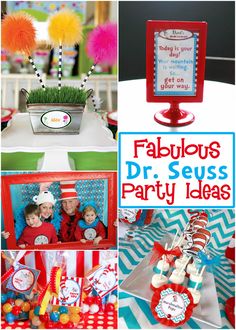 the collage shows pictures of various items and decorations for a dr seuss party