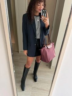 Wondering if you should get a Longchamp bag? Here are my honest thoughts after brining it on several buisness trips! I must say, it adds such a chic element to my travel outfits! Try this chunky boots outfit with a blazer, striped top, and mini skirt Winter Parisian Style, Chunky Boots Outfit, Blazer Mini Skirt, Classic Chic Outfits, Style Parisian Chic, Parisian Style Outfit, Black Fall Outfits, Chic Parisian Style, Parisian Outfits