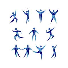 an image of people in different poses on a white background with blue colors and shapes