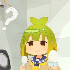 an anime character holding two ice cream cones in front of a mirror with question mark above her head