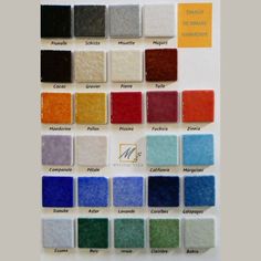 the color chart for all different colors of carpet and wall coverings, including red, white, blue, green, yellow, orange