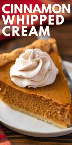 a slice of cinnamon whipped cream pie on a white plate with a red checkered napkin