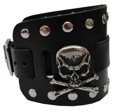 This is a handmade genuine leather watchband with Skull and Cross Bones Conchos it is a classic style watchband. the cuff has a border of rivets. The has a sturdy buckle for fastening and adjusting the size. Punk Leather Cuff Bracelet As Gift, Punk Leather Wristband Gift, Punk Style Leather Cuff Bracelet As Gift, Punk Style Leather Wristband As Gift, Punk Leather Wristband, Adjustable Leather Punk Wristband, Leather Punk Cuff Bracelet With Wrist Strap, Punk Leather Cuff Bracelet With Wrist Strap, Punk Leather Strap Bracelets