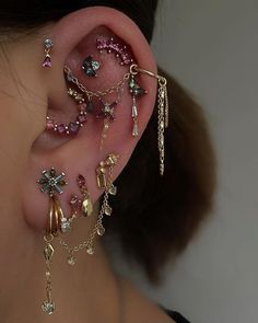 a woman's ear with many different types of piercings