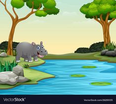 hippo in the river with trees and rocks