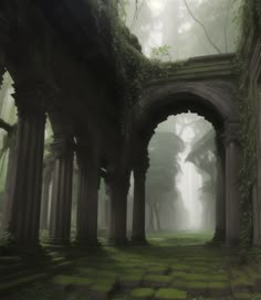 an old building with columns and ivy growing on the walls is shown in this digital painting