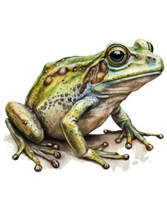 a green and brown frog sitting on top of a white surface