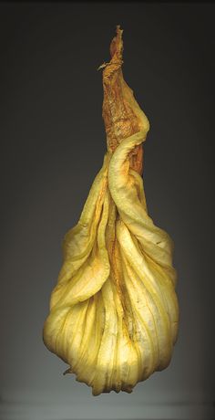 a woman in a long yellow dress with her back to the camera, holding an object