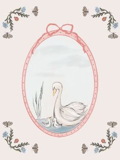 a drawing of a swan and its baby in a frame with flowers on the border