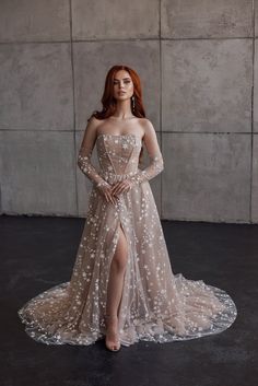 Luminous star celestial off white beige-blush whimsical wedding dress sparkles glitter square neck long sleeves train slit 2023 custom size | LUV-LUV You can also see my other dresses here https://www.etsy.com/shop/LuvLuvDress?ref=seller-platform-mcnav This delicate and airy dress is handmade. Whimsical wedding dress made of stars glitter (sparkles) off-white color. The top of the dress has a corset with minimal tightening. Cups are sewn inside. There is a lacing on the back to adjust the size. Celestial Dress Gowns, Starry Wedding Dress, Whimsical Wedding Dress, Starry Wedding, Celestial Dress, Wedding Dresses Whimsical, Sparkle Wedding Dress, Airy Dress, Celestial Wedding