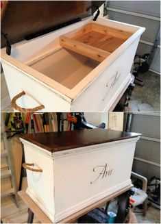 an old chest is painted white with black lettering on it and the drawers are open