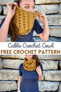 a woman wearing a crochet cowl with the text, free crochet pattern