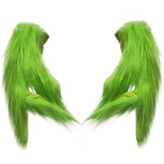 the grin costume is green and has long, fluffy hair on it's legs