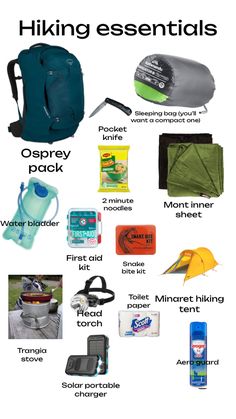 an image of hiking essentials for backpackers and hikers with text overlay