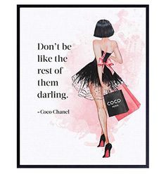 a woman in a dress with a shopping bag on her shoulder and the quote coco chan