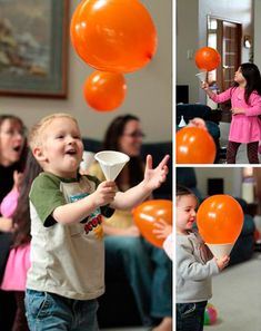 a collage of photos shows a young boy playing with orange balloons and other people watching