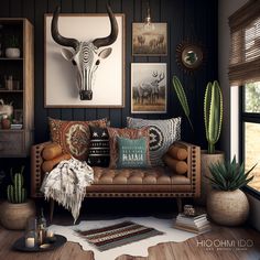 a living room filled with lots of furniture next to a wall mounted deer head on the wall